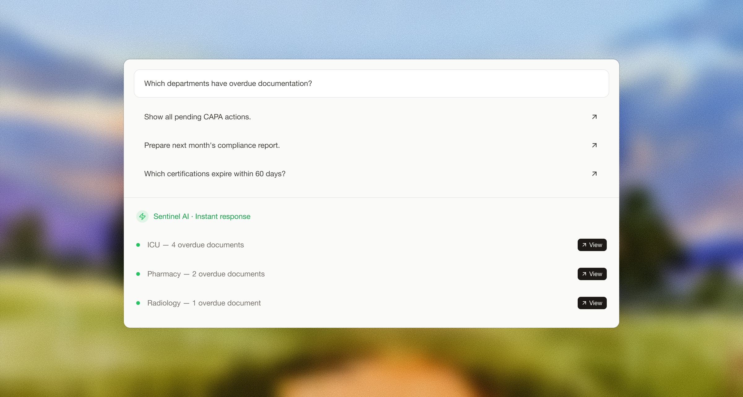Sentinel AI assistant answering a compliance question with cited sources and recommended next actions.