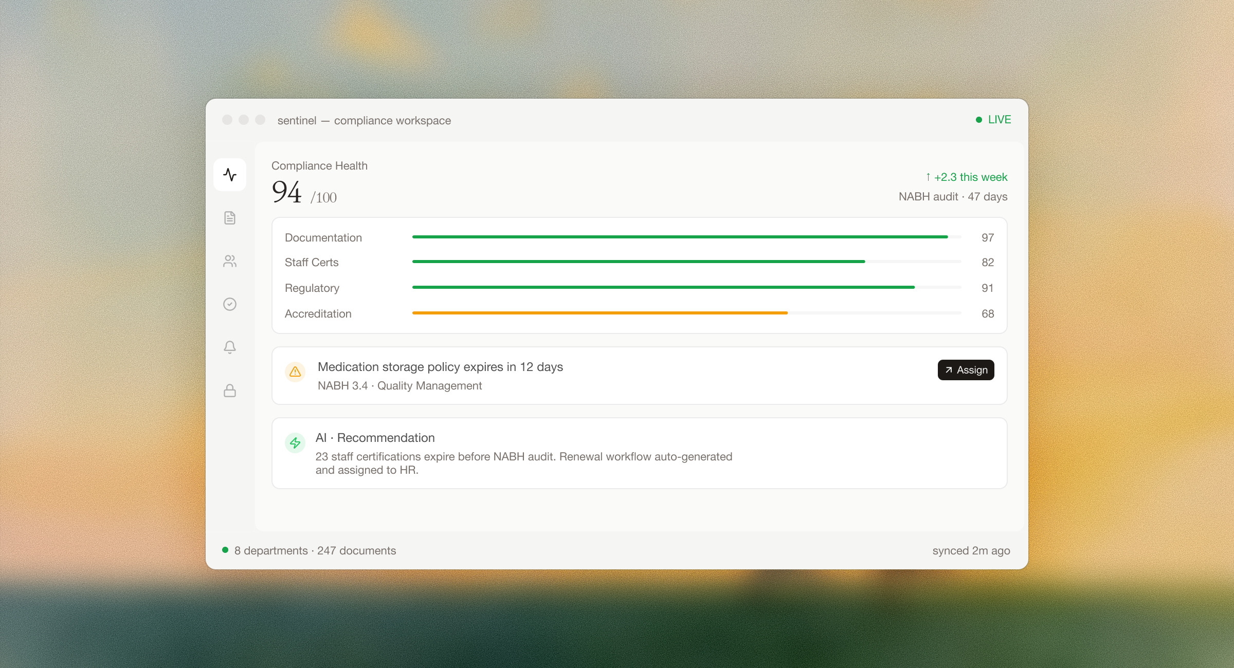 Sentinel compliance workspace showing a live compliance health score of 94/100, documentation and staff certification progress bars, and AI recommendations.